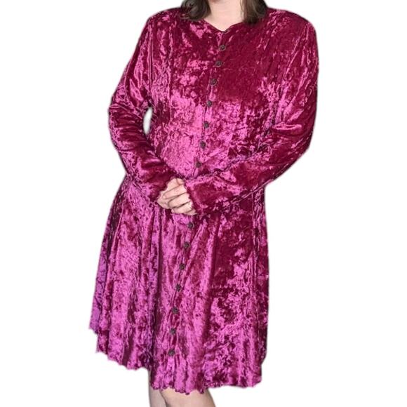 Vintage Velvet Button Down Dress Long Sleeve Lettuce Hem Corset Back Lace Up - Picture 1 of 7